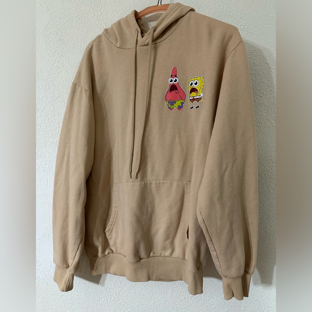 Nickelodeon SpongeBob &Patrick Men Beige Hoodie Graphic Characters Front/Back M